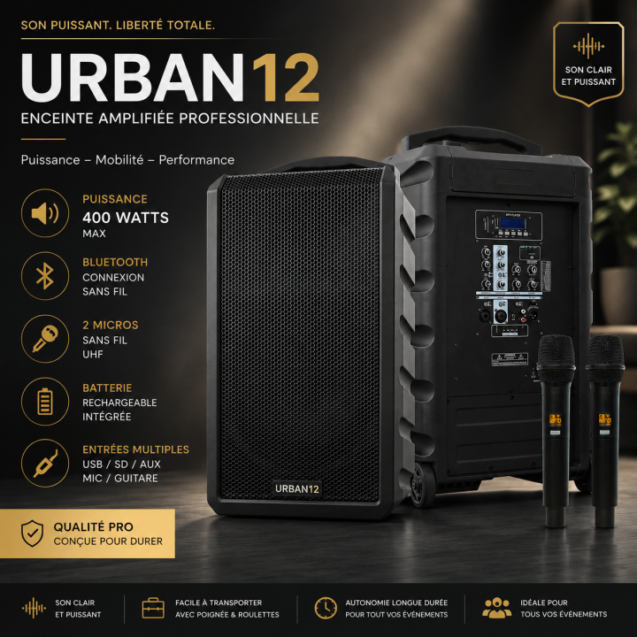 URBAN12 Enceinte portable 200 watts RMS sur batterie avec 2 Micros HF - SEGON PROFESSIONAL AUDIO